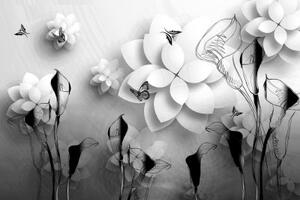 Tapeta abstraktní květiny v černobílém provedení - 150x100 cm