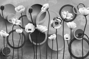 Tapeta květy s kruhy v černobílém provedení - 300x200 cm