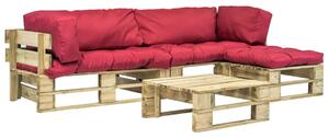 4dílná zahradní sedací souprava z palet a červené podušky dřevo