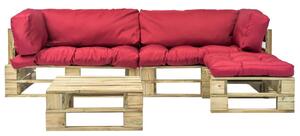 4dílná zahradní sedací souprava z palet a červené podušky dřevo
