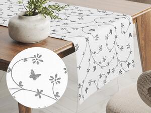Biante Bavlněný běhoun na stůl Sandra SA-049 Drobné šedé květiny a motýlci na bílém 20x120 cm