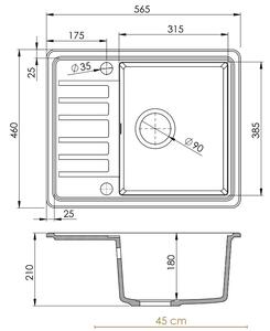 Sink Quality Sapphire, granitový kuchyňský dřez 565x460x210 mm + černý sifon, 1-komorový, bílá, SKQ-SAP.W.1KKO.XB