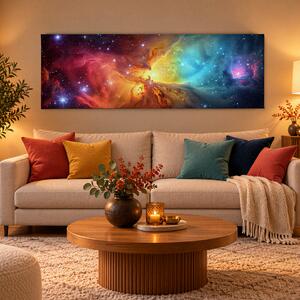 Obraz na plátně - Hvězdy obklopené barevnou Galaxií FeelHappy.cz Rozměr obrazu (Šířka x Výška): 120 x 40 cm