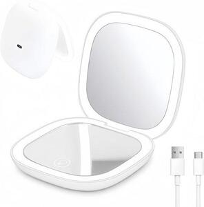 Zrcadlo s LED osvětlením, kosmetické zrcadlo s 10násobným zvětšením, nabíjecí make-up zrcadlo s 3 režimy osvětlení, skládací mini zrcátko pro cestování