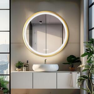 Kulaté nástěnné zrcadlo s LED osvětlením – zlatý rám – dotykové ovládání a odmrazovací funkce
