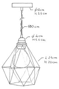 Creative cables Závěsná lampa s textilním kabelem, stínidlovým rámem diamant a kovovými detaily Barva: Měď