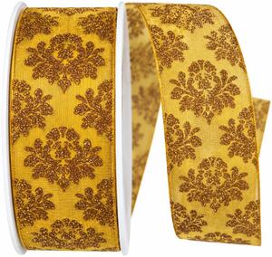 Stuha vánoční taftová ROYAL NIGHT GOLD šafránová se zlatým třpytem 40mm x 20m