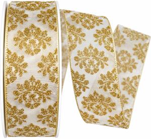 Stuha vánoční taftová ROYAL NIGHT CREME krémová se zlatými ornamenty 40mm x 20m