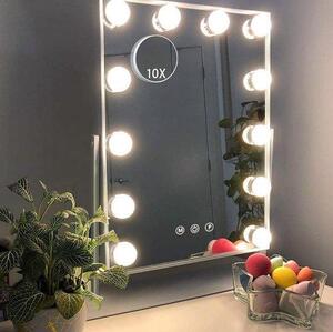 Zrcadlo do Hollywood stylu s osvětlením, 12 stmívatelných LED diod, 3 barvy, dotykový displej s 10x zvětšením, 360stupňové otáčení, vhodné na toaletní stolek