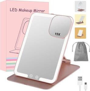 Přenosné zrcadlo na make-up s osvětlením, s dobíjecí baterií 1500 mAh, s přenosným zvětšovacím zrcátkem 1x a 15x, skládací kosmetické zrcadlo s osvětlením