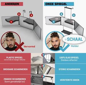 Zrcadlo s LED osvětlením o 360°, vybavené nastavitelnými teleskopickými háčky, vestavěnou zásuvkou a trojnásobným zvětšením, ideální pro domácí úpravu vlasů a péči o vzhled