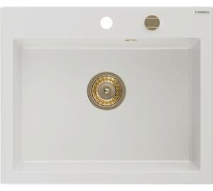 Mexen Elix granitový dřez 1-komorový 600 x 500 mm, bílý, zlatý sifon - 6525601005-20-G