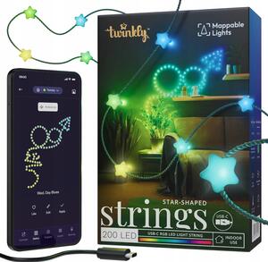 Twinkly Candies 200 RGB LED světelný řetěz hvězdy, USB-C, zelený, ovládání aplikací, 12 m