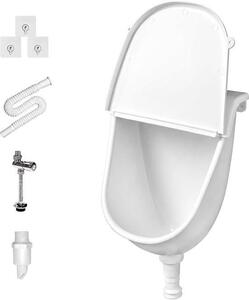 Nástěnný pisoár pro muže, rozměry 28,5 x 38,5 cm – s ochranou proti stříkání a víkem – s kompaktní odpadní hadicí