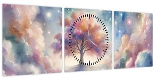 Obraz - Strom života v oblacích (s hodinami) (90x30 cm)