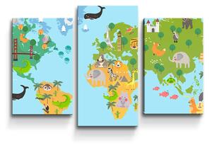 Sablio Obraz - 3-dílný Zvířecí mapa světa - 75x50 cm
