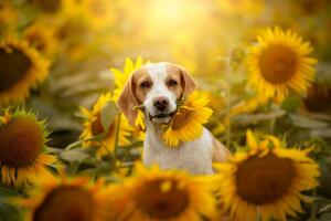Fotografie Beagle in sunflower field, Iwona Wojtowicz / 500px