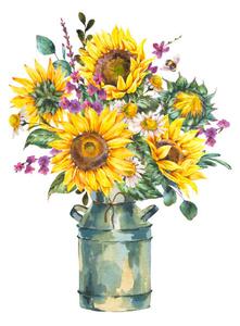 Fotografie Watercolor rustic farmhouse sunflower bouquet, vintage, Varvara Kurakina