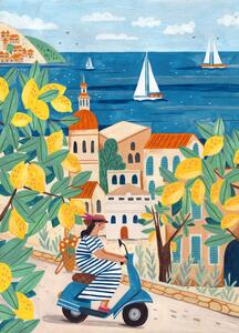 Ilustrace Travel poster woman on the Amalfi coast, Lorenzo A Roe