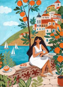 Ilustrace Travel poster woman in Mediterranean coast, Caroline Bonne Muller
