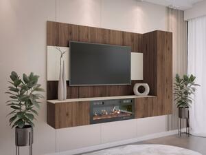 Obývací stěna s krbem Cypria VI, Barvy: ořech okapi / ořech okapi + travertín 5903211533808