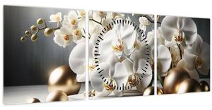 Obraz - Orchidej a zlaté koule (s hodinami) (90x30 cm)