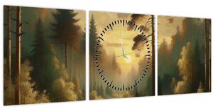 Obraz - Slunce zářící lesem (s hodinami) (90x30 cm)