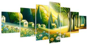 Obraz - Vesnice ve žluto-zelené (210x100 cm)