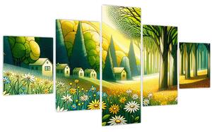 Obraz - Vesnice ve žluto-zelené (125x70 cm)