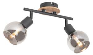 Stropní lampa černá s kouřovým sklem a dřevem 2-světlo - Vidro