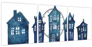 Obraz - Modré akvarelové domečky (s hodinami) (90x30 cm)