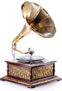 Nostalgický mechanický gramofon na kliku s mosaznou troubou 70cm