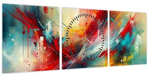 Obraz - Abstrakce s červenou (s hodinami) (90x30 cm)