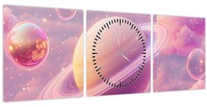 Obraz - Růžová planeta (s hodinami) (90x30 cm)
