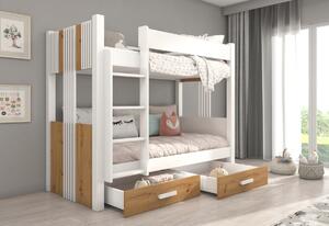Dětská patrová postel SEVERIN, 90x200, bílá/dub sonoma