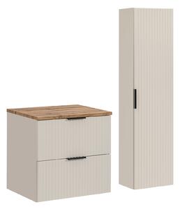 Comad Set koupelnového nábytku Adel Cashmere 60 kašmír mat s vysokou skříňkou se zásuvkami deska dub wotan