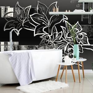 Samolepící tapeta černobílá květinová ilustrace - 300x200 cm