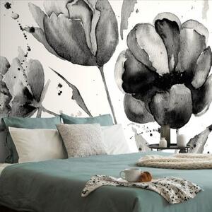 Samolepící tapeta černobílé tulipány v zajímavém provedení - 375x250 cm