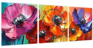 Obraz - Pět pestrobarevných květů (s hodinami) (90x30 cm)