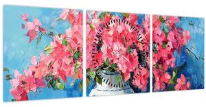 Obraz - Váza růžových květin (s hodinami) (90x30 cm)