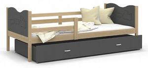 Dětská postel MAX P 80x160cm s borovicovou konstrukcí v šedé barvě s motivem vláčku
