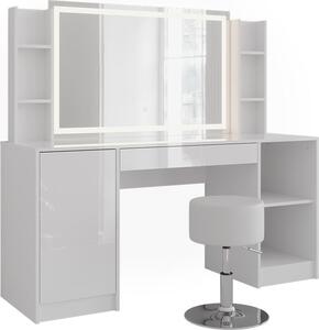 Toaletní stolek Vicco Sherry Bílá/Bílá vysoký lesk 158.2 cm se zrcadlem LED a stoličkou, Model 57649