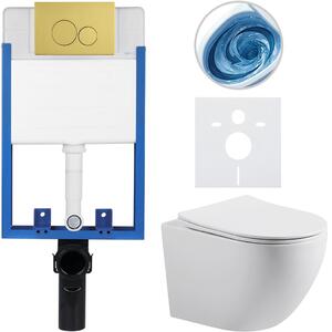 Kompletní WC set Profi/Cesso - bílá lesklá - WC tlačítko Duo. zlatá - pro zazdění - 49x36 cm