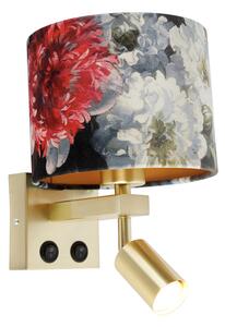 Nástěnná lampa mosazná s lampičkou na čtení a stínidlem 18 cm květiny - Brescia
