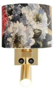 Nástěnná lampa mosazná s lampičkou na čtení a stínidlem 18 cm květiny - Brescia