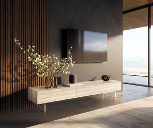 DELIFE TV stolek Cuor 200 cm keramika Laminam® Travertino Bianco krémově bílá 1 výklopná dvířka 1 zásuvka podnož závěsná akrylglas