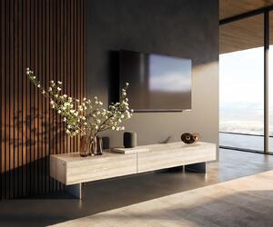 DELIFE TV stolek Cuor 200 cm keramika Laminam® Travertino Bianco krémově bílá 1 výklopná dvířka 1 zásuvka podnož závěsná nerezová ocel