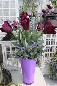 Fialové umělé tulipány ve váze s levandulí 60 cm