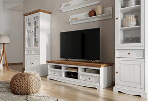 KATMANDU Dřevěná TV komoda velká Belluno Elegante, bílá, medový dub, masiv, borovice, 53x167x53 cm
