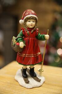 Červená vánoční figurka holčička s lyžemi 20 cm